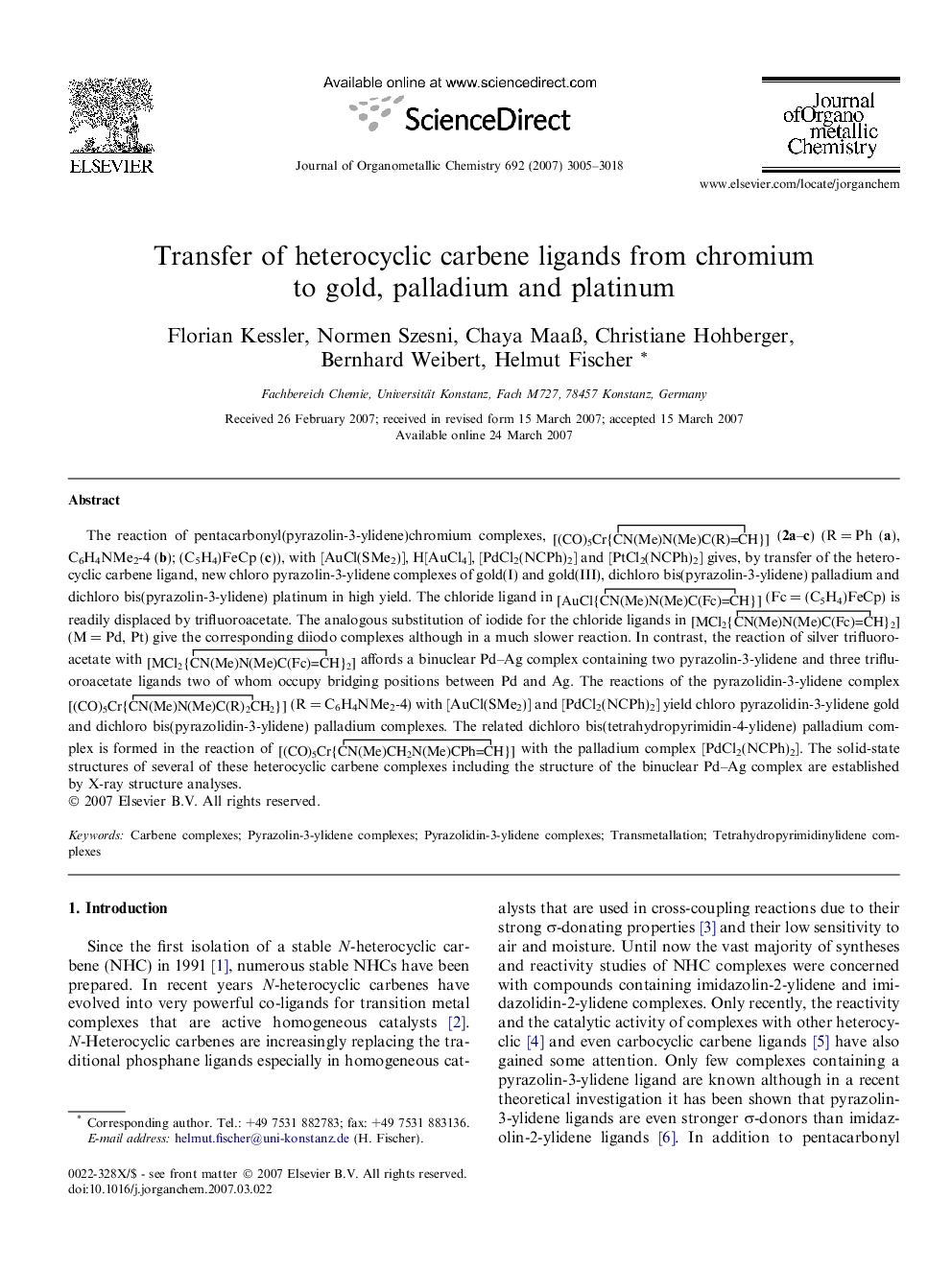 Transfer of heterocyclic carbene ligands from chromium to gold, palladium and platinum