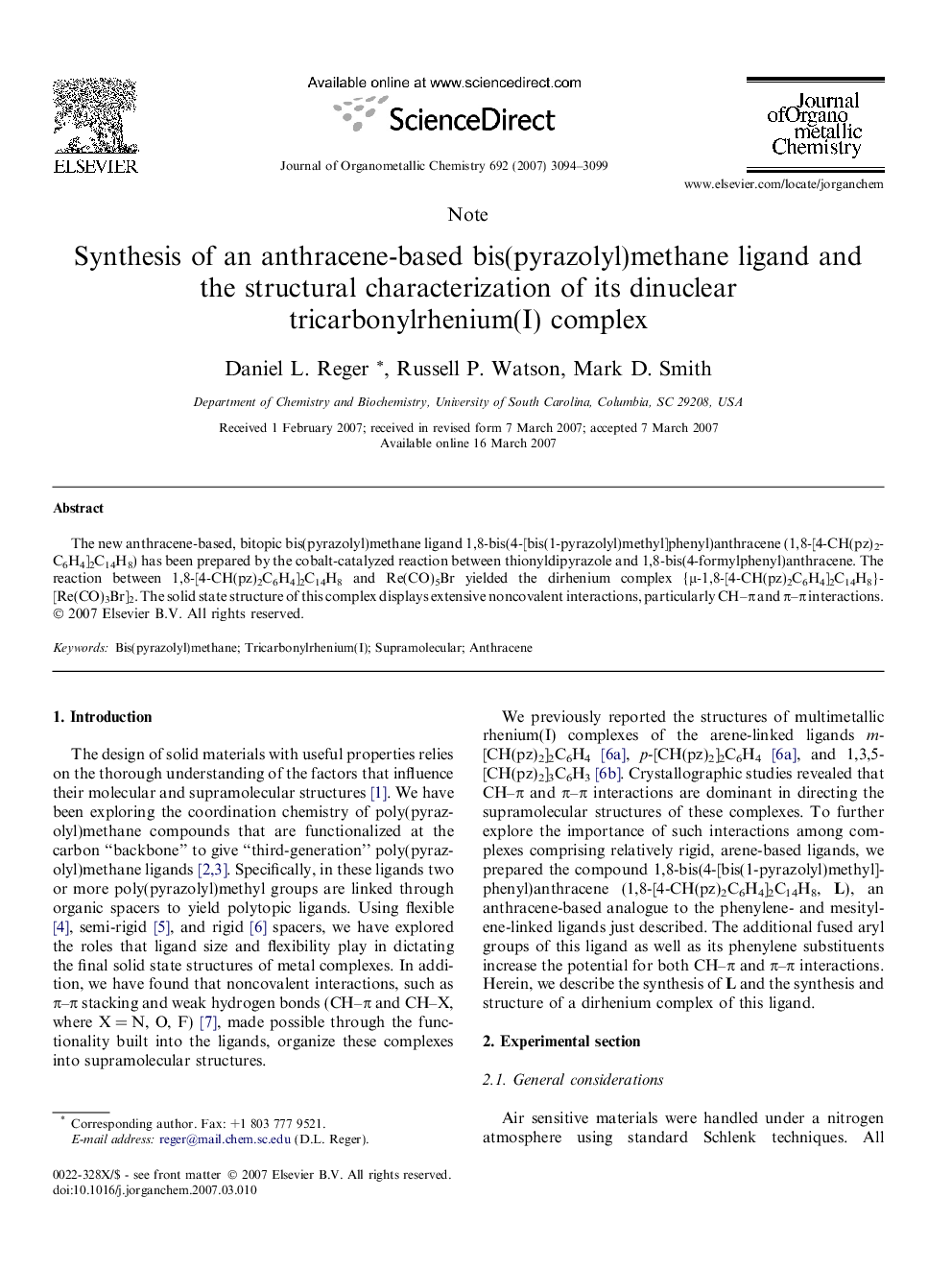 Synthesis of an anthracene-based bis(pyrazolyl)methane ligand and the structural characterization of its dinuclear tricarbonylrhenium(I) complex