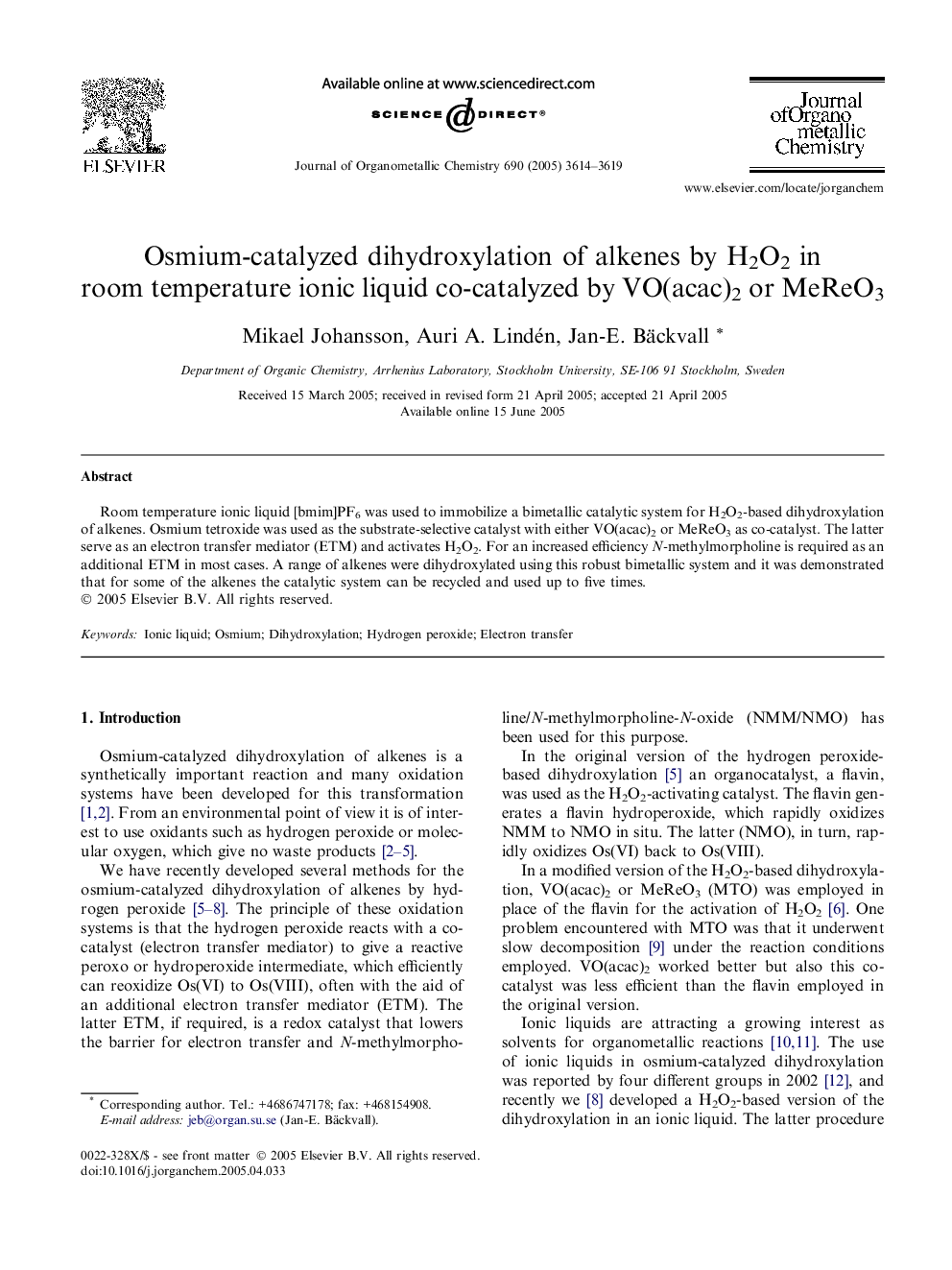 Osmium-catalyzed dihydroxylation of alkenes by H2O2 in room temperature ionic liquid co-catalyzed by VO(acac)2 or MeReO3