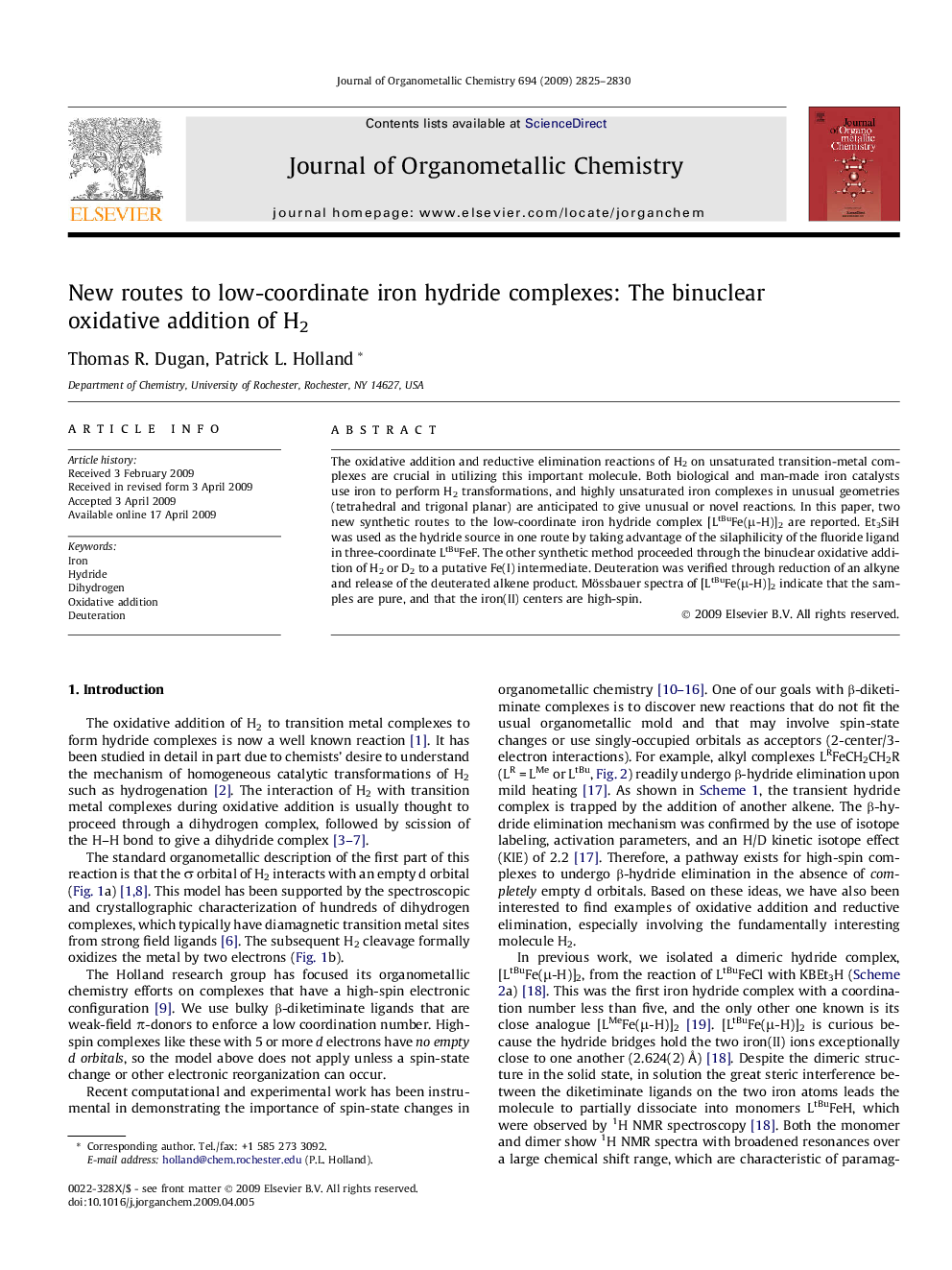 New routes to low-coordinate iron hydride complexes: The binuclear oxidative addition of H2