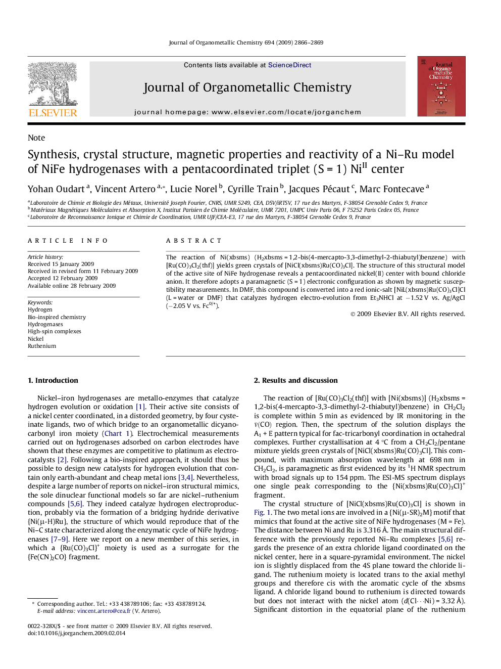 Synthesis, crystal structure, magnetic properties and reactivity of a Ni–Ru model of NiFe hydrogenases with a pentacoordinated triplet (S = 1) NiII center