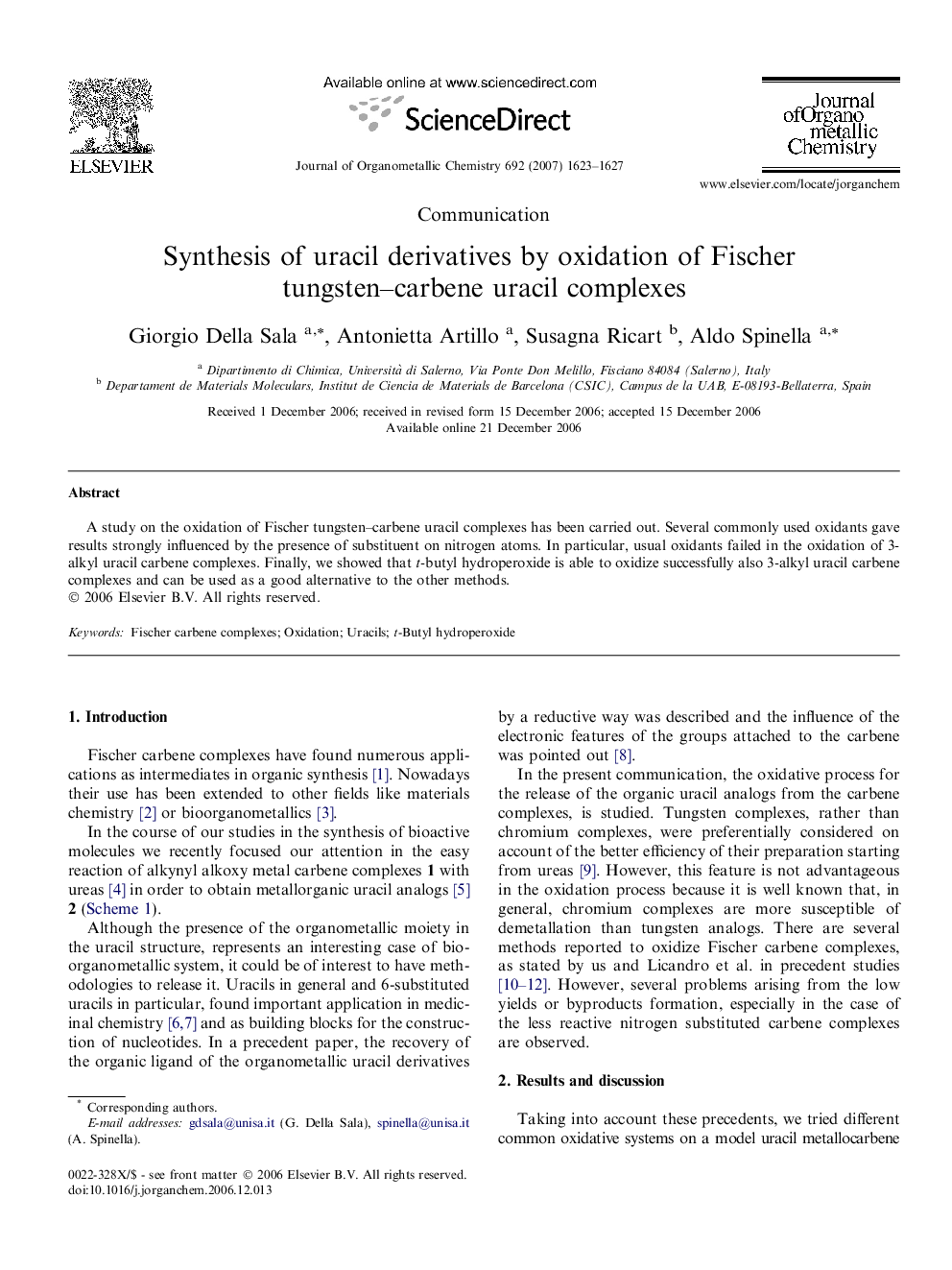 Synthesis of uracil derivatives by oxidation of Fischer tungsten–carbene uracil complexes