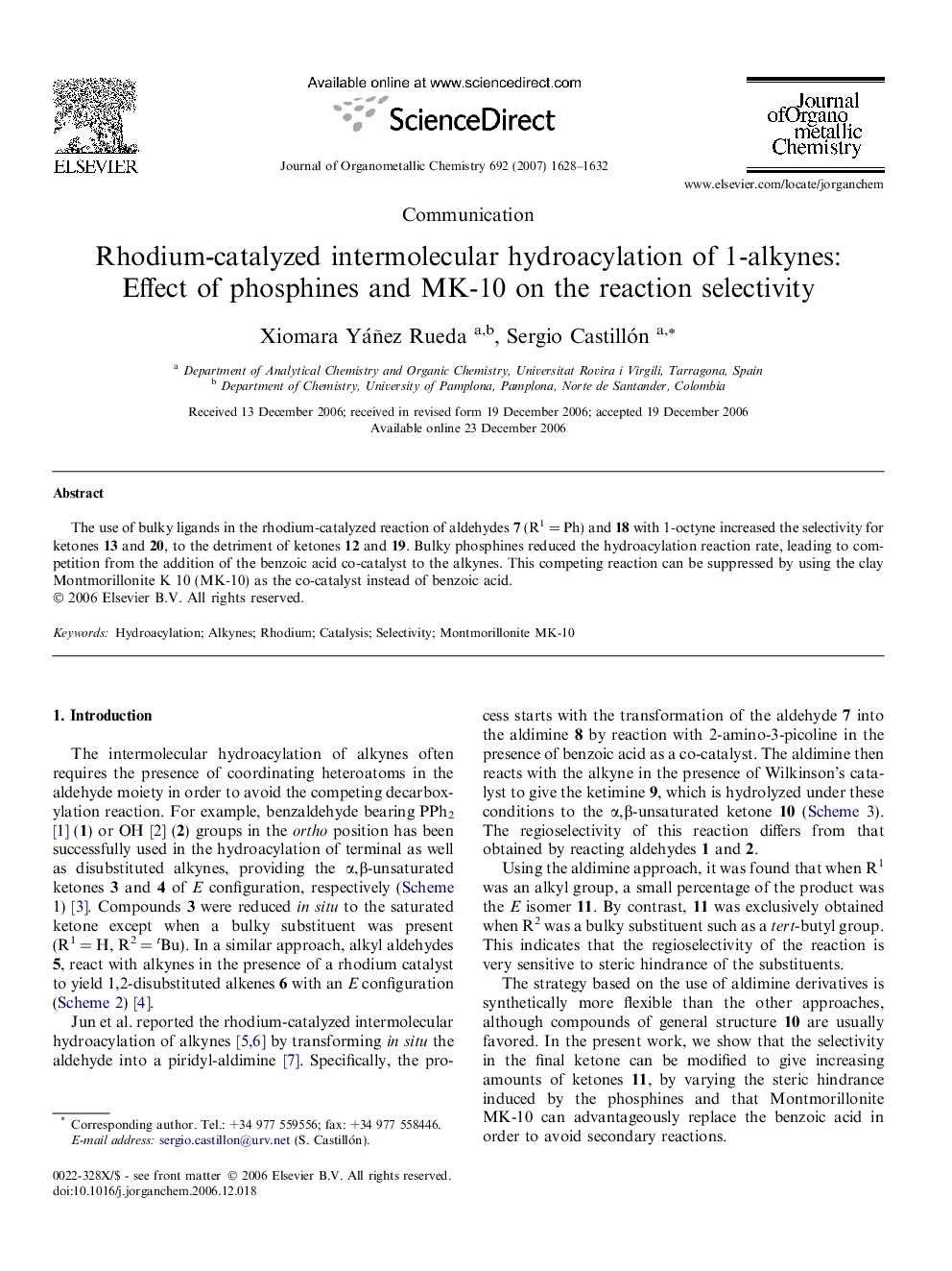 Rhodium-catalyzed intermolecular hydroacylation of 1-alkynes: Effect of phosphines and MK-10 on the reaction selectivity