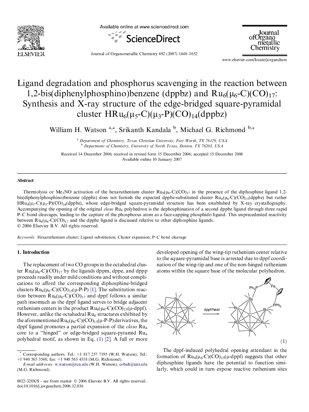 Ligand degradation and phosphorus scavenging in the reaction between 1,2-bis(diphenylphosphino)benzene (dppbz) and Ru6(μ6-C)(CO)17: Synthesis and X-ray structure of the edge-bridged square-pyramidal cluster HRu6(μ5-C)(μ3-P)(CO)14(dppbz)