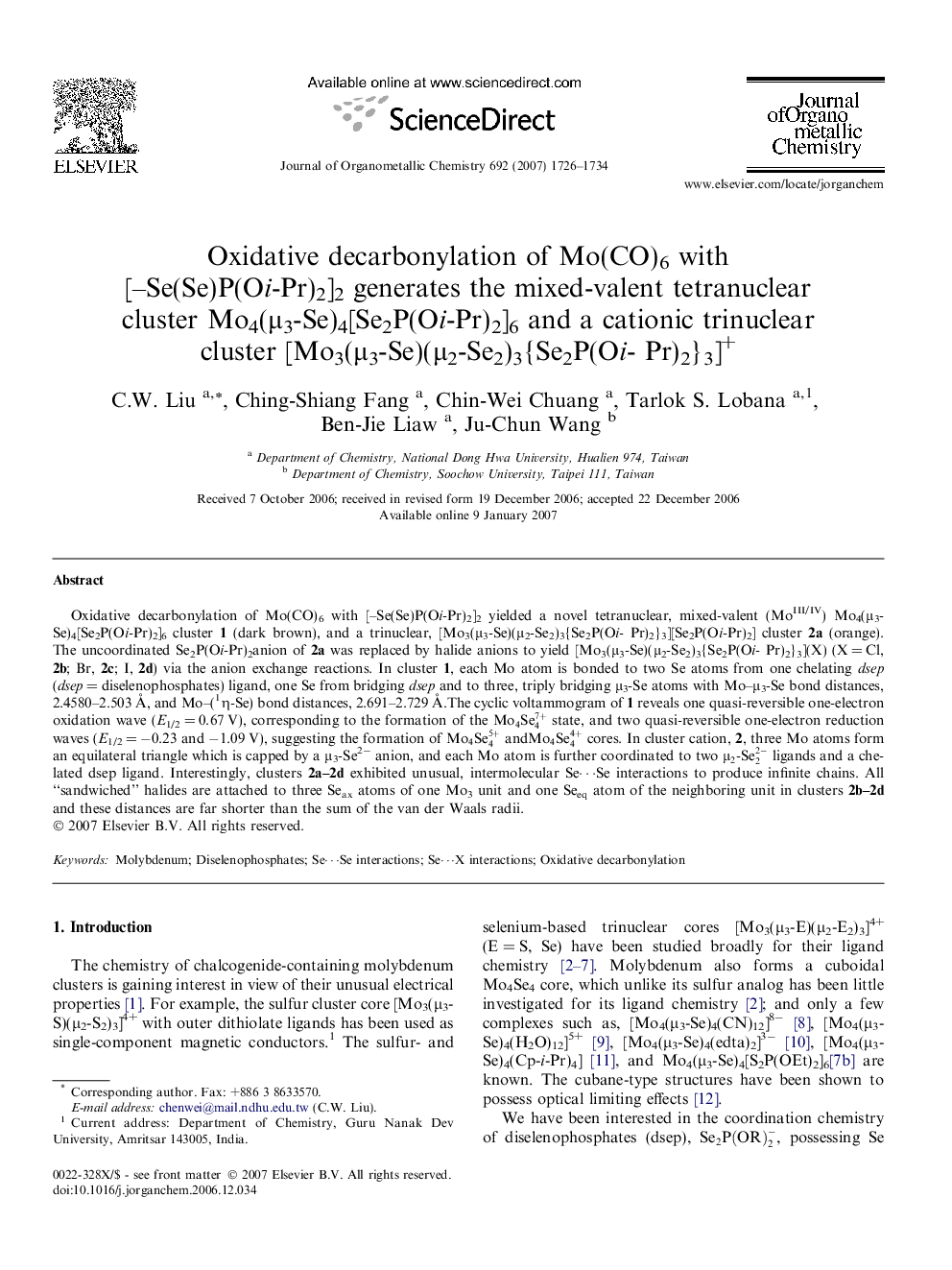 Oxidative decarbonylation of Mo(CO)6 with [–Se(Se)P(Oi-Pr)2]2 generates the mixed-valent tetranuclear cluster Mo4(μ3-Se)4[Se2P(Oi-Pr)2]6 and a cationic trinuclear cluster [Mo3(μ3-Se)(μ2-Se2)3{Se2P(Oi- Pr)2}3]+