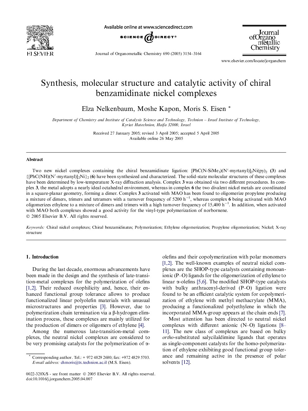 Synthesis, molecular structure and catalytic activity of chiral benzamidinate nickel complexes