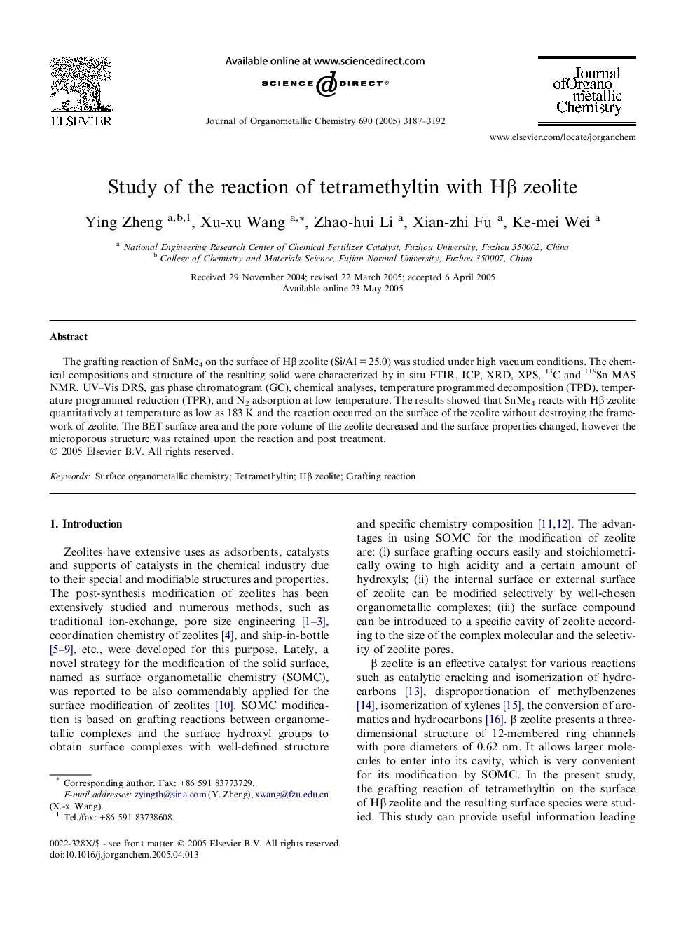 Study of the reaction of tetramethyltin with HÎ² zeolite