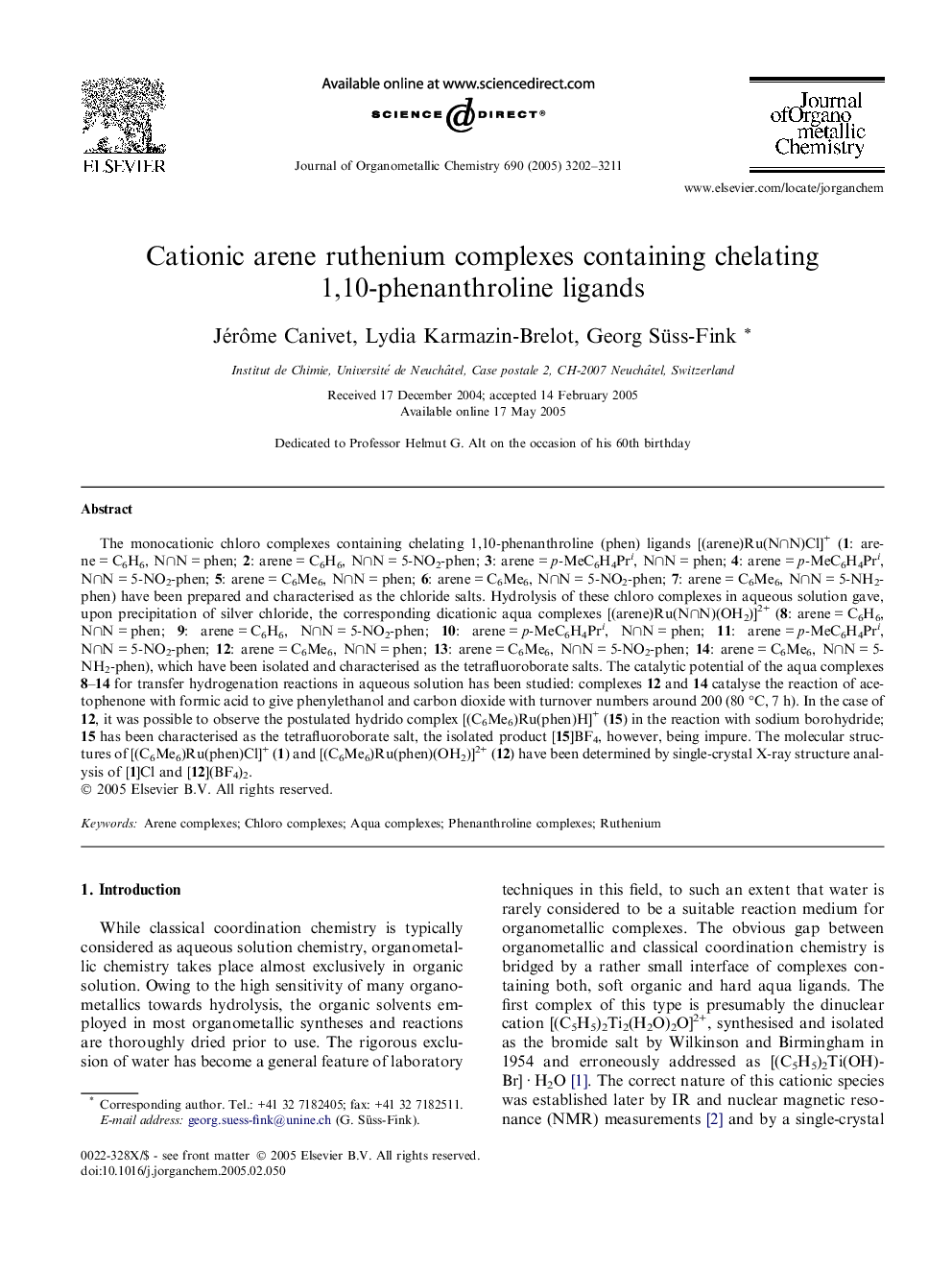 Cationic arene ruthenium complexes containing chelating 1,10-phenanthroline ligands