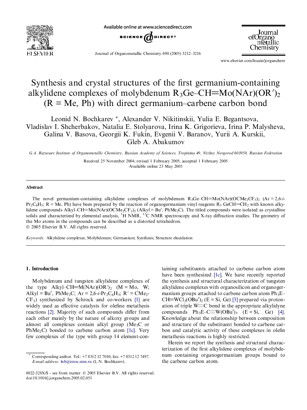 Synthesis and crystal structures of the first germanium-containing alkylidene complexes of molybdenum R3Ge-CHMo(NAr)(ORâ²)2 (RÂ =Â Me, Ph) with direct germanium-carbene carbon bond