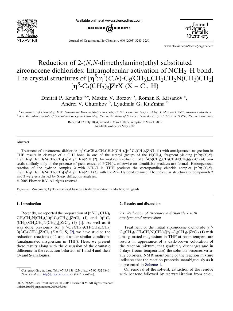 Reduction of 2-(N,N-dimethylamino)ethyl substituted zirconocene dichlorides: Intramolecular activation of NCH2-H bond. The crystal structures of [Î·5:Î·2(C,N)-C5(CH3)4CH2CH2N(CH3)CH2][Î·5-C5(CH3)5]ZrX (XÂ =Â Cl, H)