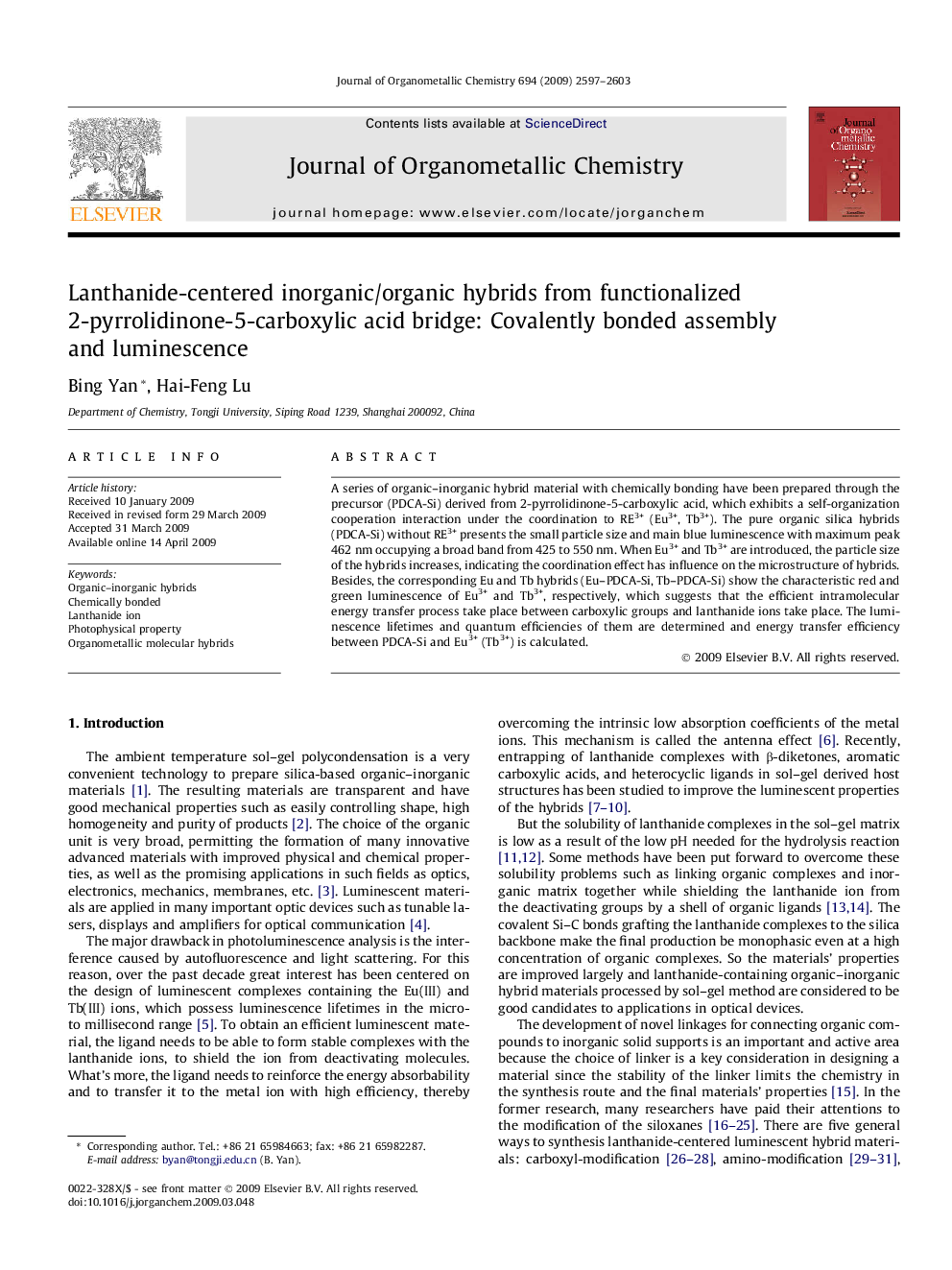 Lanthanide-centered inorganic/organic hybrids from functionalized 2-pyrrolidinone-5-carboxylic acid bridge: Covalently bonded assembly and luminescence