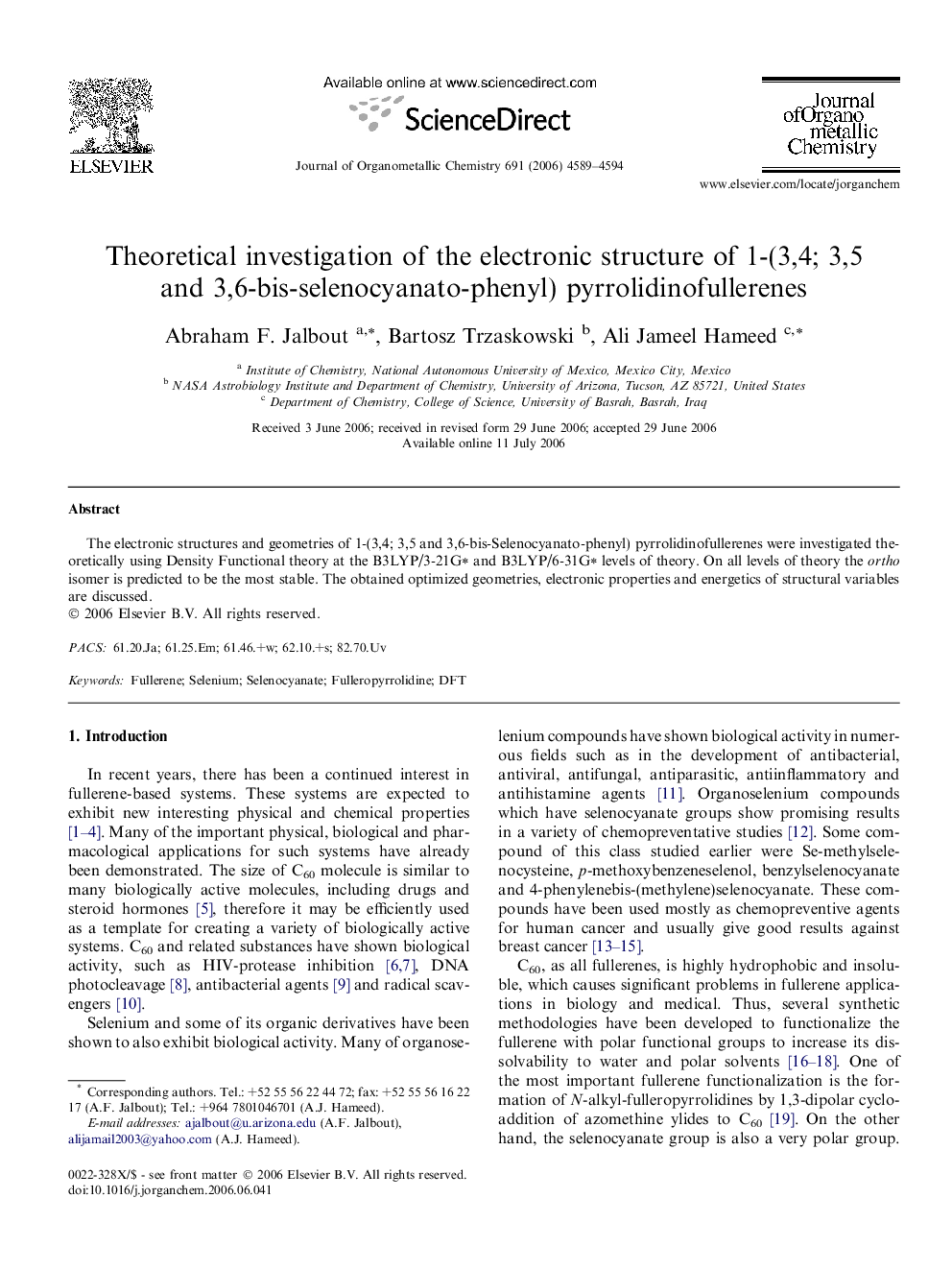 Theoretical investigation of the electronic structure of 1-(3,4; 3,5 and 3,6-bis-selenocyanato-phenyl) pyrrolidinofullerenes