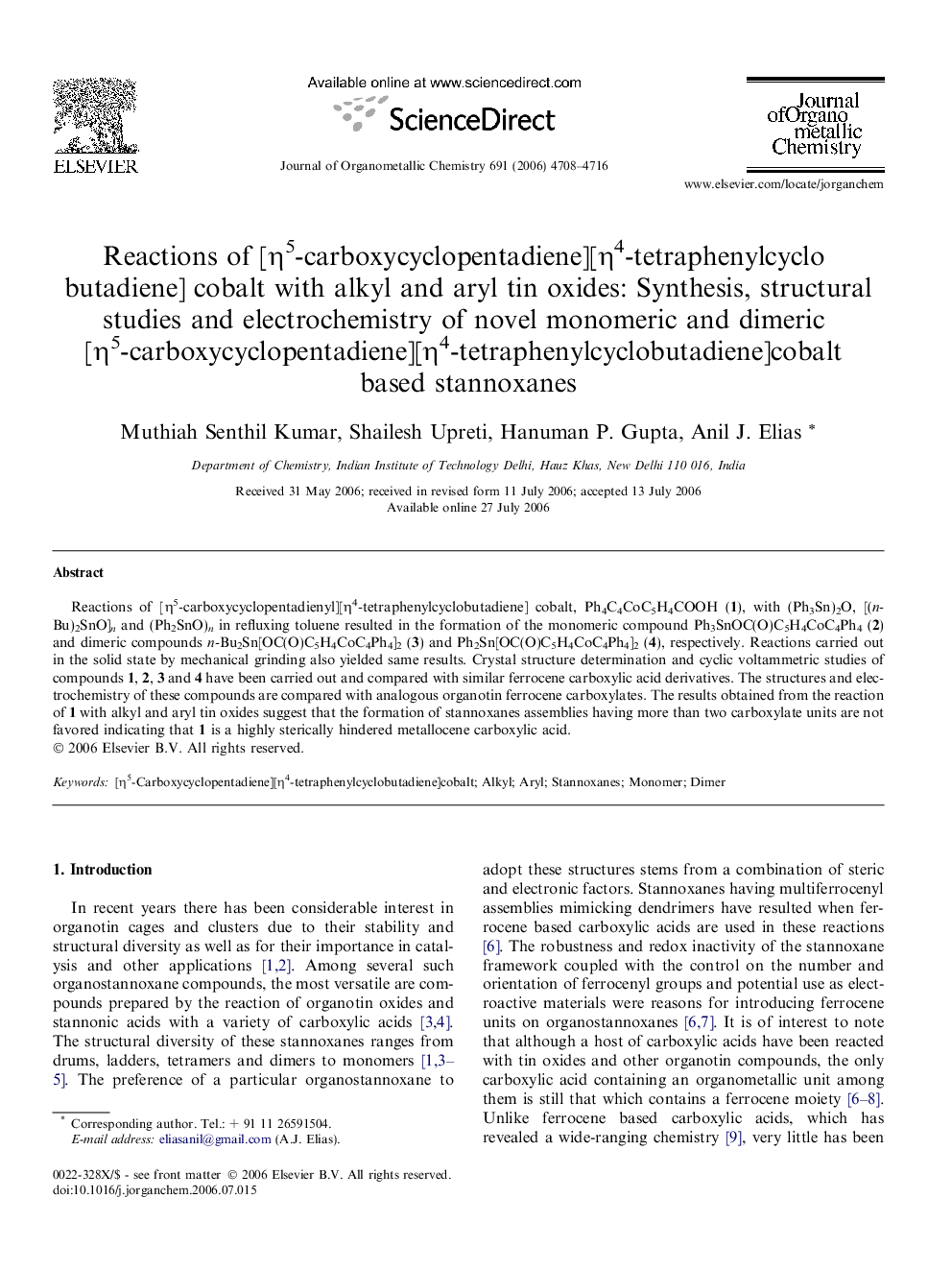 Reactions of [η5-carboxycyclopentadiene][η4-tetraphenylcyclo butadiene] cobalt with alkyl and aryl tin oxides: Synthesis, structural studies and electrochemistry of novel monomeric and dimeric [η5-carboxycyclopentadiene][η4-tetraphenylcyclobutadiene]cobal