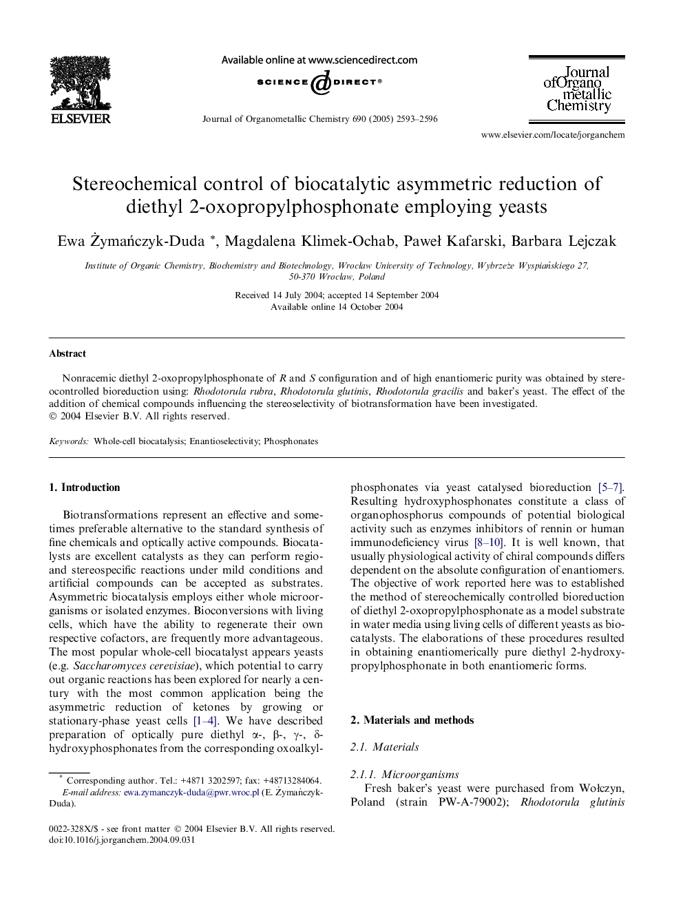 Stereochemical control of biocatalytic asymmetric reduction of diethyl 2-oxopropylphosphonate employing yeasts