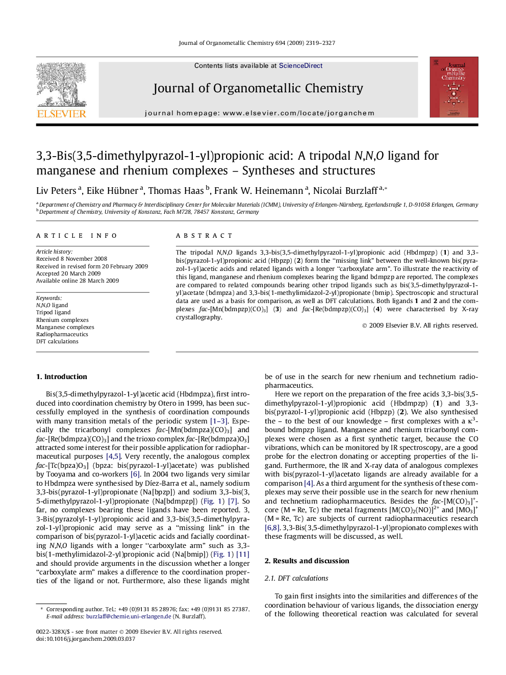 3,3-Bis(3,5-dimethylpyrazol-1-yl)propionic acid: A tripodal N,N,O ligand for manganese and rhenium complexes – Syntheses and structures