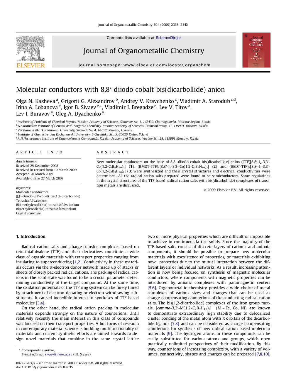 Molecular conductors with 8,8′-diiodo cobalt bis(dicarbollide) anion