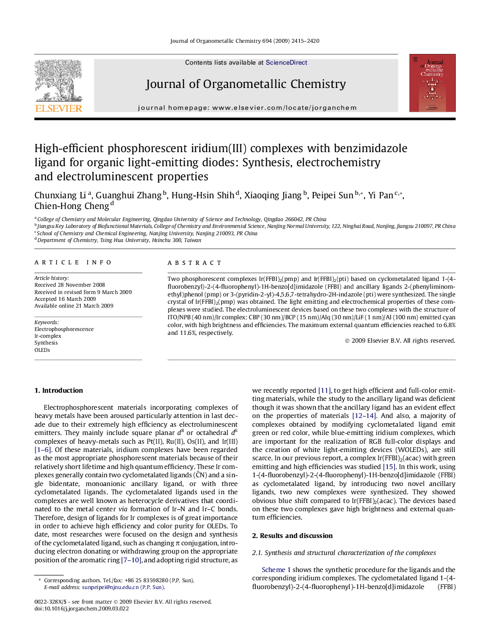 High-efficient phosphorescent iridium(III) complexes with benzimidazole ligand for organic light-emitting diodes: Synthesis, electrochemistry and electroluminescent properties