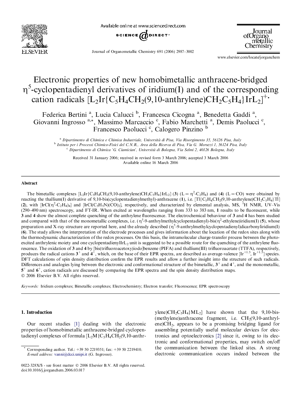 Electronic properties of new homobimetallic anthracene-bridged η5-cyclopentadienyl derivatives of iridium(I) and of the corresponding cation radicals [L2Ir{C5H4CH2(9,10-anthrylene)CH2C5H4}IrL2]+