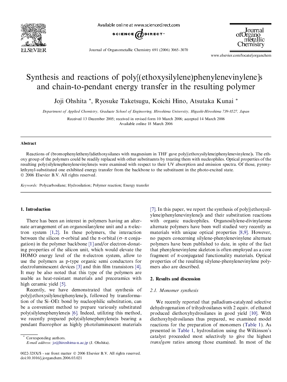 Synthesis and reactions of poly[(ethoxysilylene)phenylenevinylene]s and chain-to-pendant energy transfer in the resulting polymer