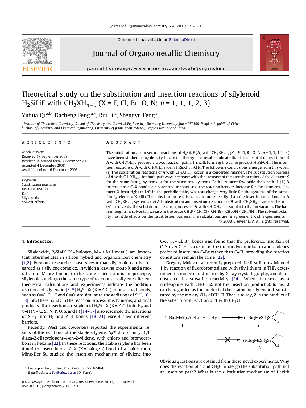 Theoretical study on the substitution and insertion reactions of silylenoid H2SiLiF with CH3XHnâ1 (XÂ =Â F, Cl, Br, O, N; nÂ =Â 1, 1, 1, 2, 3)