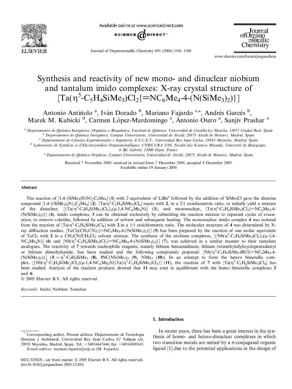 Synthesis and reactivity of new mono- and dinuclear niobium and tantalum imido complexes: X-ray crystal structure of [Ta(η5-C5H4SiMe3)Cl2{NC6Me4-4-(N(SiMe3)2)}]