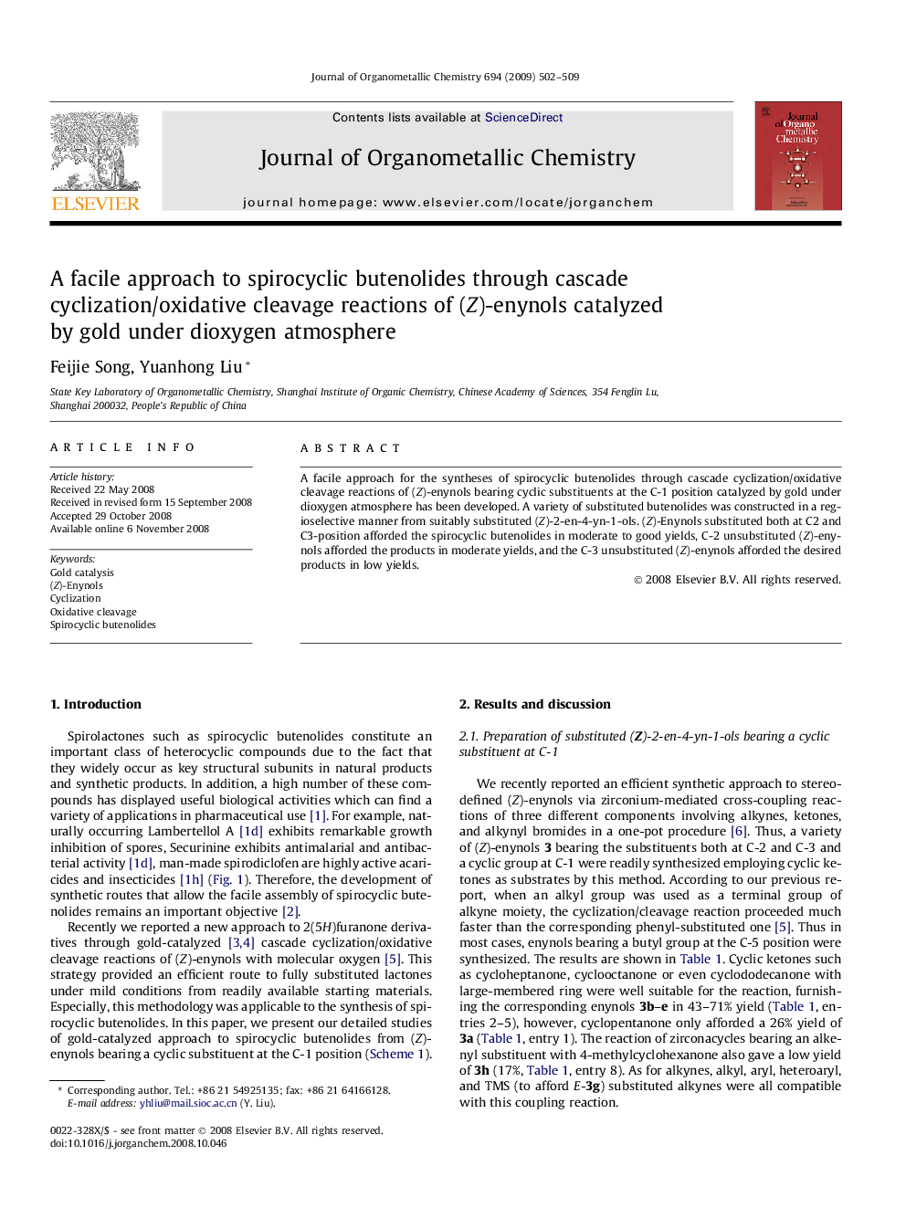 A facile approach to spirocyclic butenolides through cascade cyclization/oxidative cleavage reactions of (Z)-enynols catalyzed by gold under dioxygen atmosphere