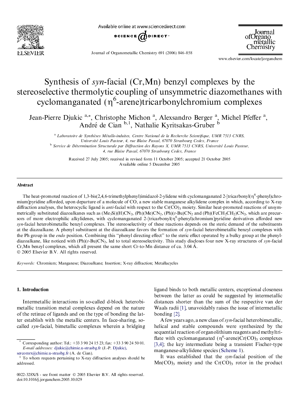 Synthesis of syn-facial (Cr,Mn) benzyl complexes by the stereoselective thermolytic coupling of unsymmetric diazomethanes with cyclomanganated (η6-arene)tricarbonylchromium complexes