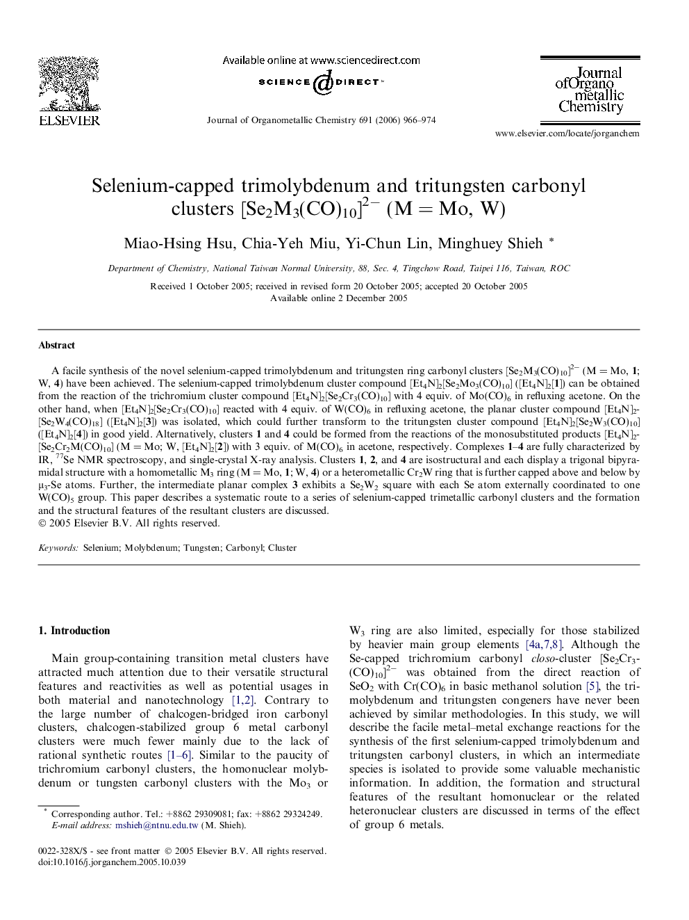 Selenium-capped trimolybdenum and tritungsten carbonyl clusters [Se2M3(CO)10]2â (MÂ =Â Mo, W)