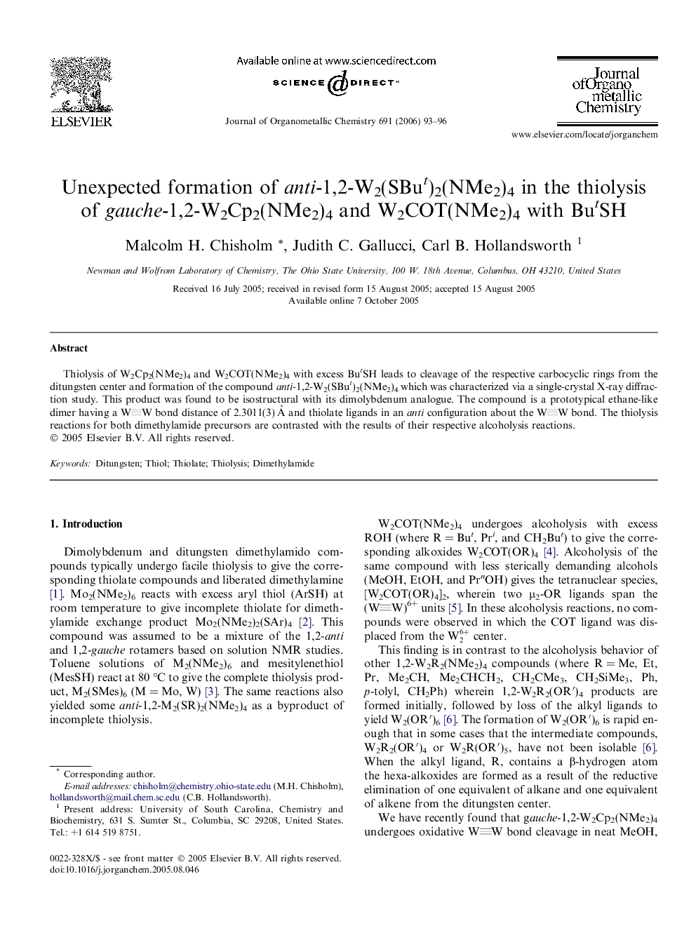 Unexpected formation of anti-1,2-W2(SBut)2(NMe2)4 in the thiolysis of gauche-1,2-W2Cp2(NMe2)4 and W2COT(NMe2)4 with ButSH