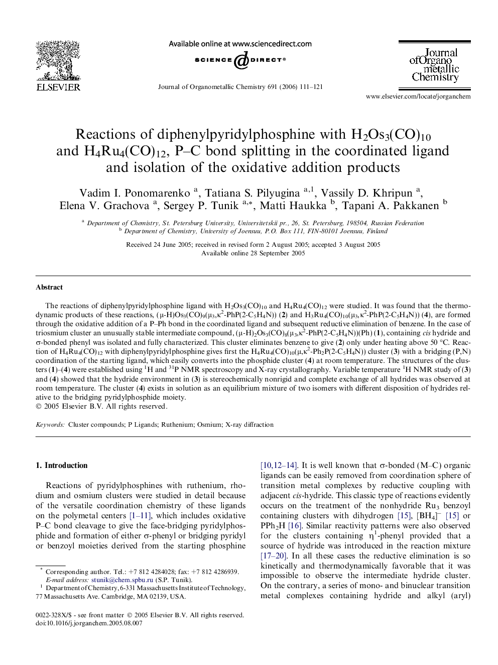 Reactions of diphenylpyridylphosphine with H2Os3(CO)10 and H4Ru4(CO)12, P–C bond splitting in the coordinated ligand and isolation of the oxidative addition products