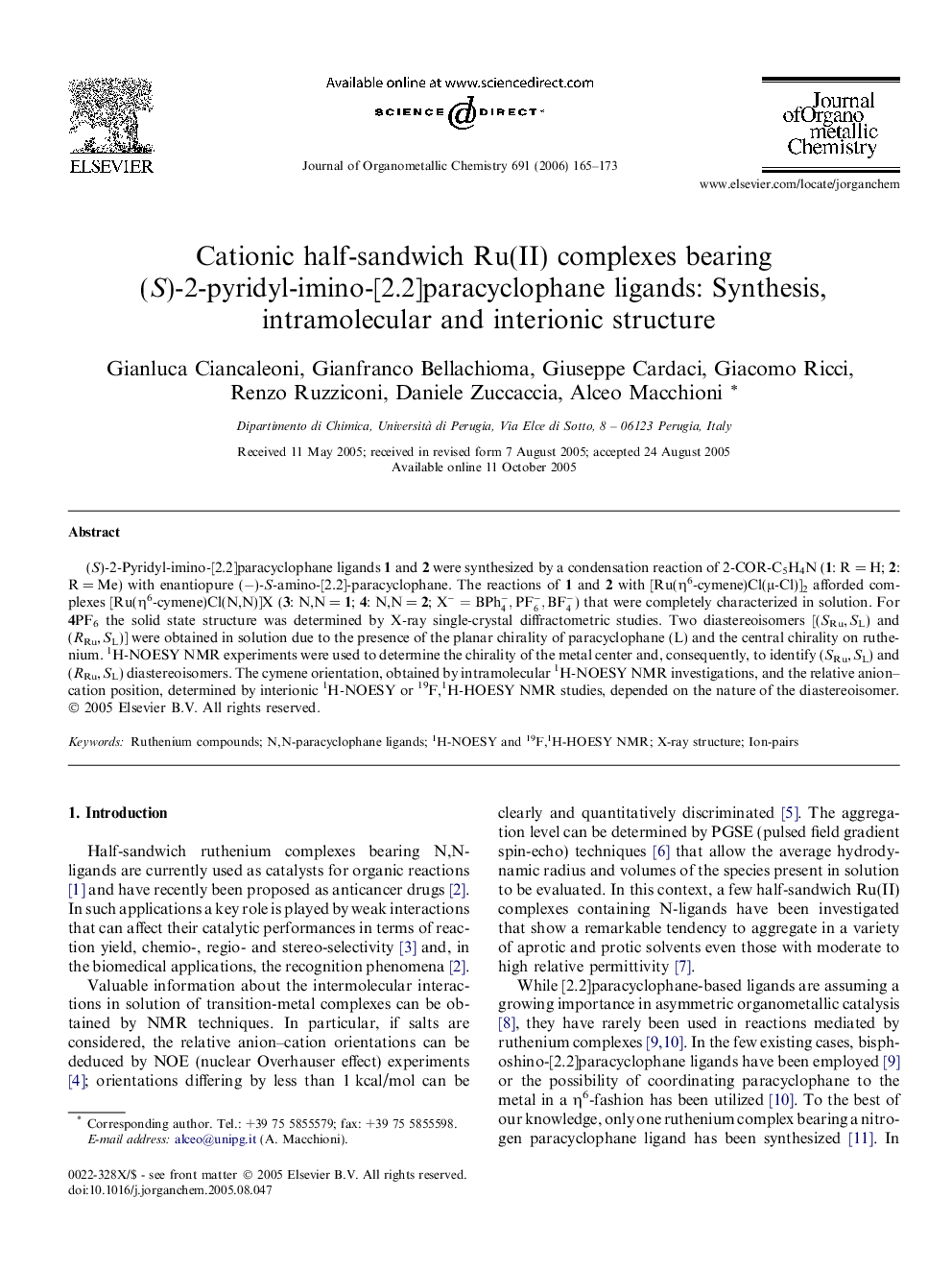 Cationic half-sandwich Ru(II) complexes bearing (S)-2-pyridyl-imino-[2.2]paracyclophane ligands: Synthesis, intramolecular and interionic structure