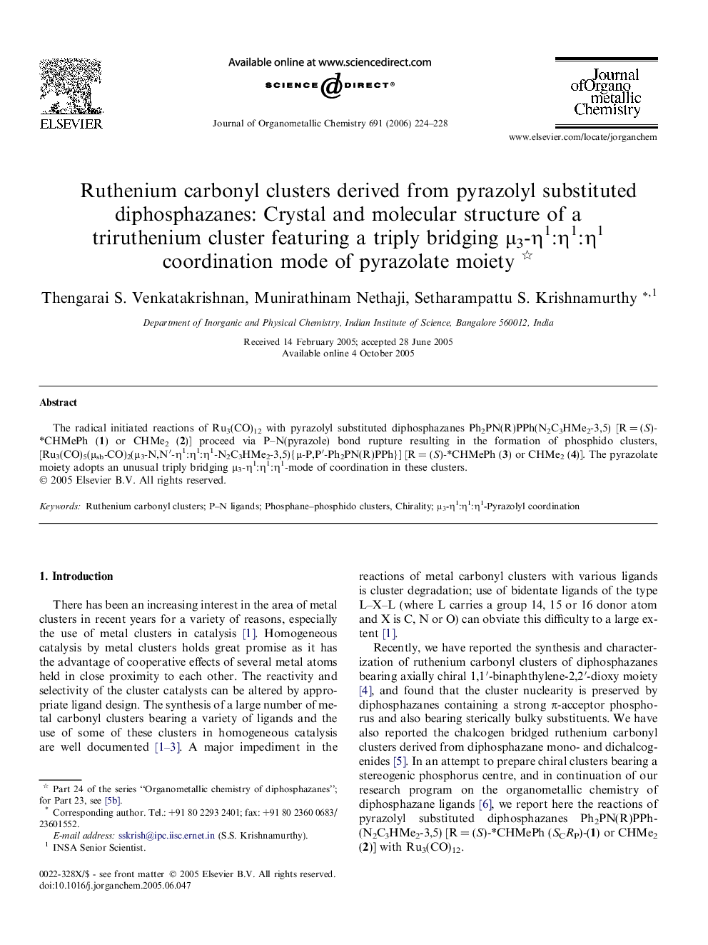 Ruthenium carbonyl clusters derived from pyrazolyl substituted diphosphazanes: Crystal and molecular structure of a triruthenium cluster featuring a triply bridging μ3-η1:η1:η1 coordination mode of pyrazolate moiety 