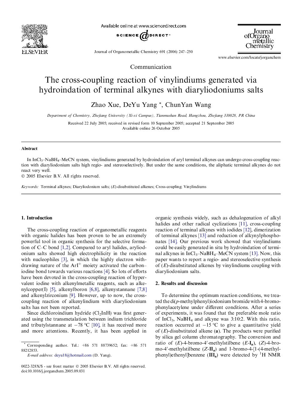 The cross-coupling reaction of vinylindiums generated via hydroindation of terminal alkynes with diaryliodoniums salts