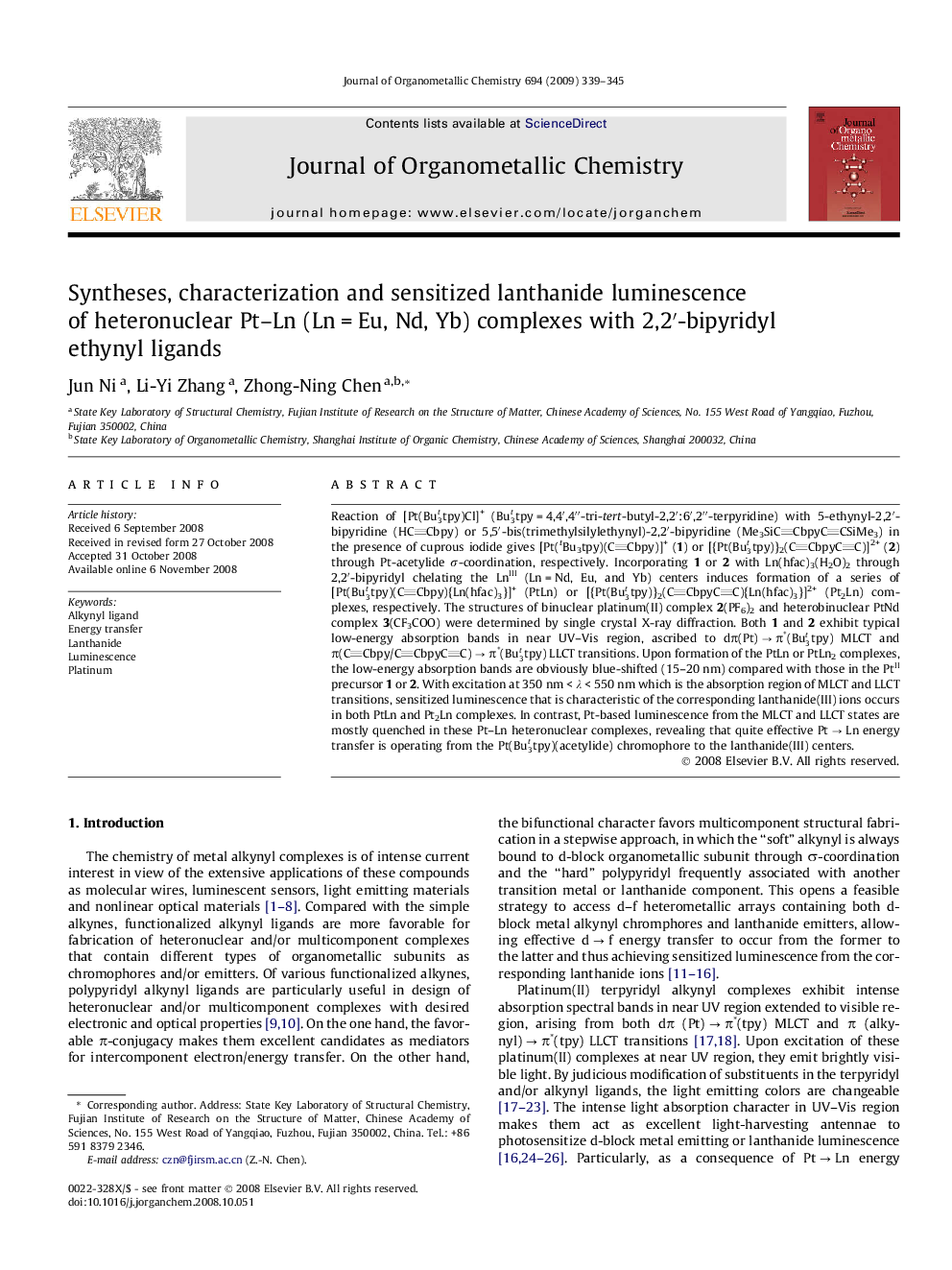 Syntheses, characterization and sensitized lanthanide luminescence of heteronuclear Pt–Ln (Ln = Eu, Nd, Yb) complexes with 2,2′-bipyridyl ethynyl ligands