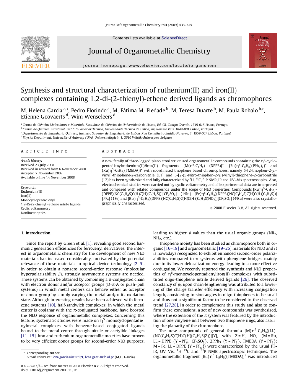 Synthesis and structural characterization of ruthenium(II) and iron(II) complexes containing 1,2-di-(2-thienyl)-ethene derived ligands as chromophores