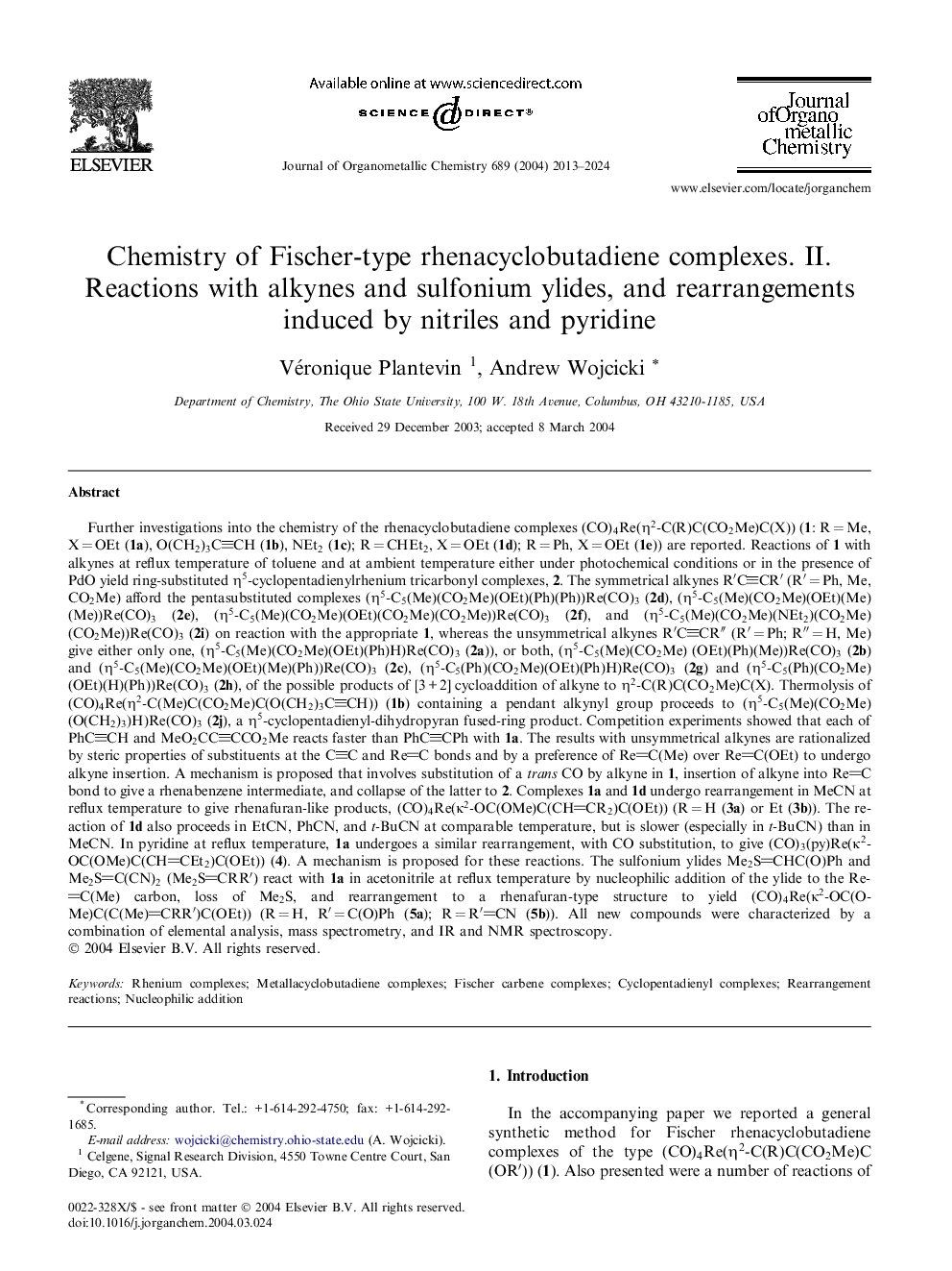 Chemistry of Fischer-type rhenacyclobutadiene complexes. II. Reactions with alkynes and sulfonium ylides, and rearrangements induced by nitriles and pyridine