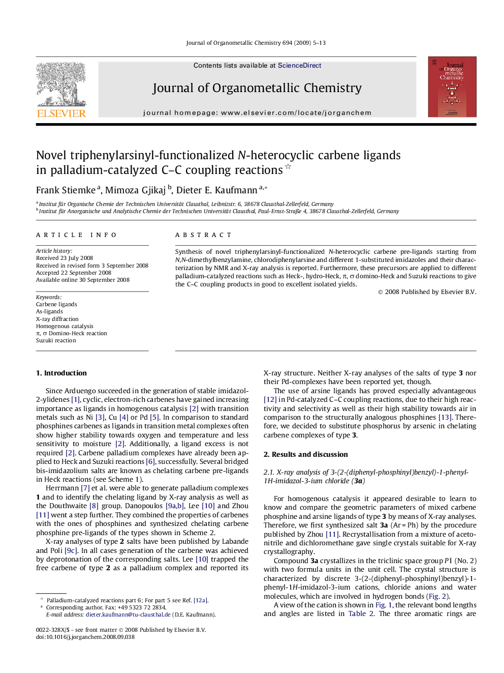 Novel triphenylarsinyl-functionalized N-heterocyclic carbene ligands in palladium-catalyzed C–C coupling reactions 