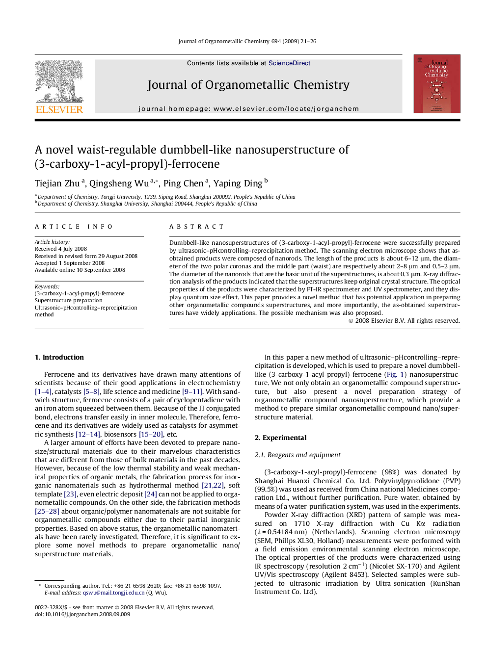 عکس صفحه اول مقاله: A novel waist-regulable dumbbell-like nanosuperstructure of (3-carboxy-1-acyl-propyl)-ferrocene A novel waist-regulable dumbbell-like nanosuperstructure of (3-carboxy-1-acyl-propyl)-ferrocene