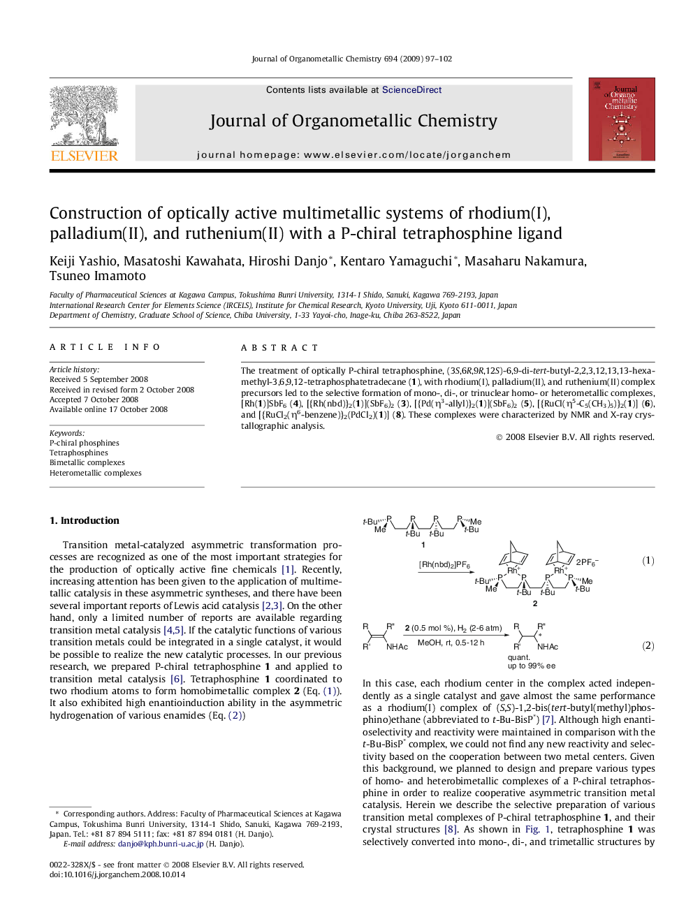 Construction of optically active multimetallic systems of rhodium(I), palladium(II), and ruthenium(II) with a P-chiral tetraphosphine ligand