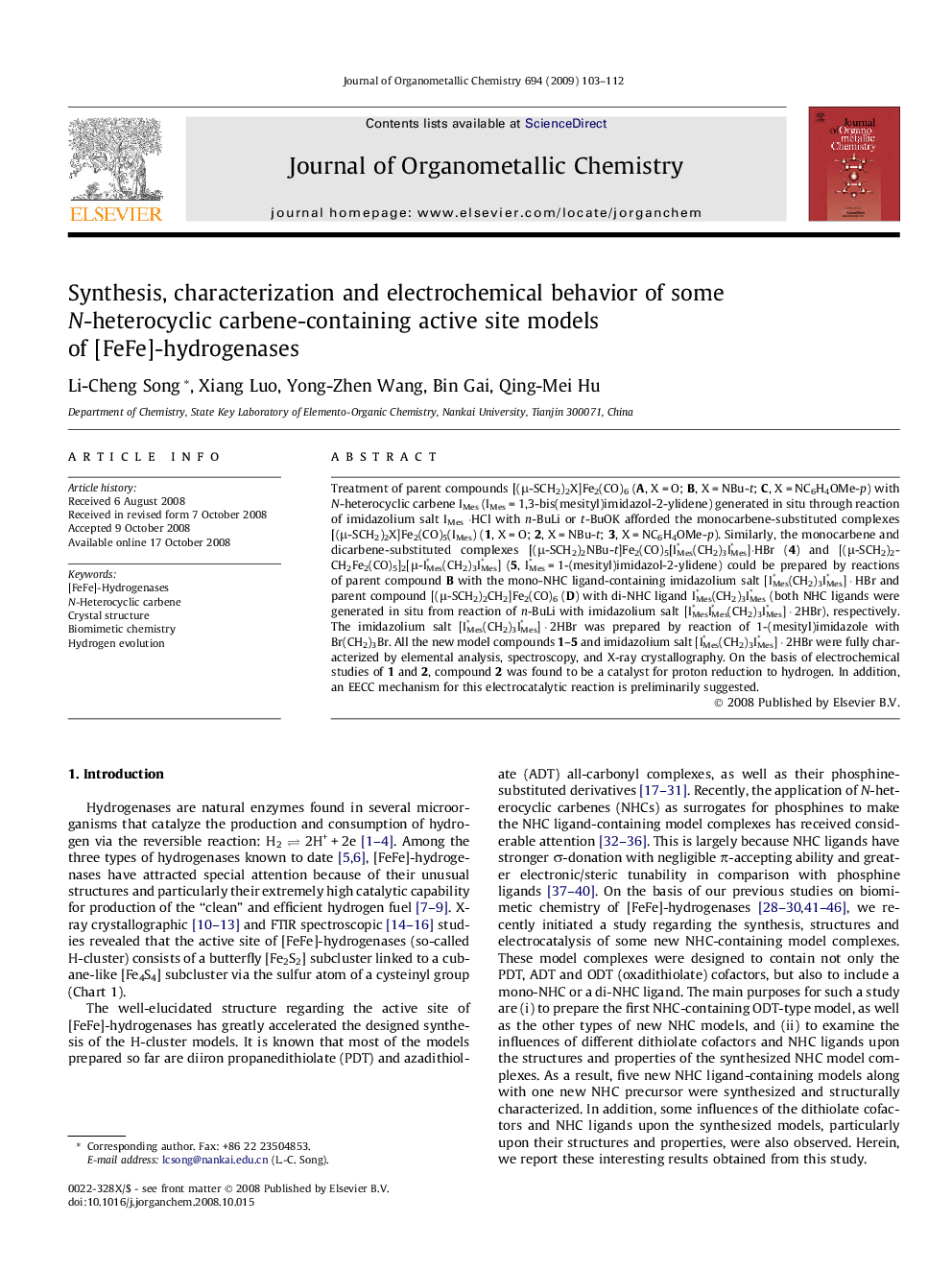 Synthesis, characterization and electrochemical behavior of some N-heterocyclic carbene-containing active site models of [FeFe]-hydrogenases