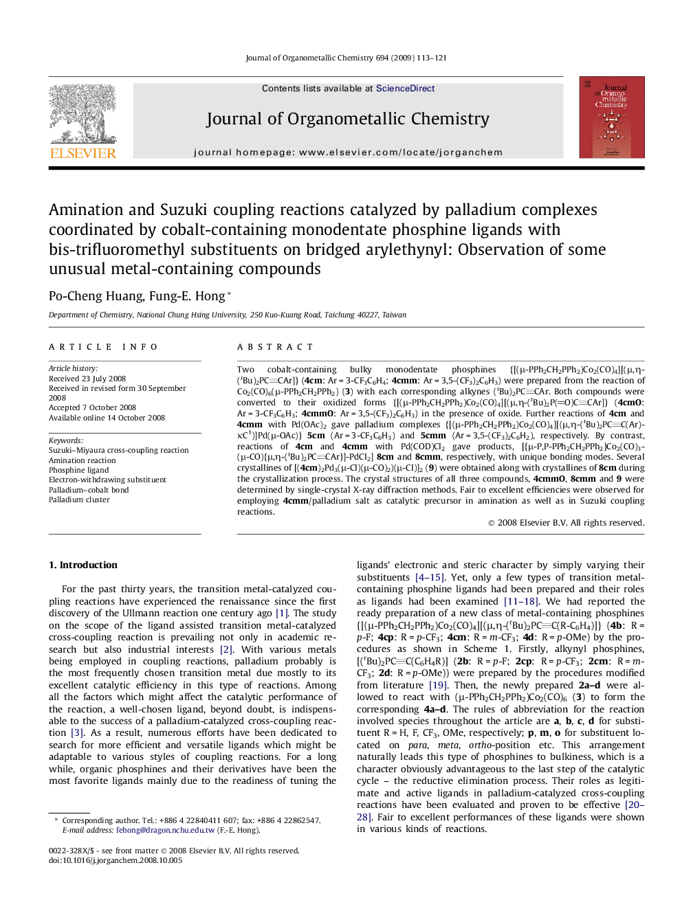 Amination and Suzuki coupling reactions catalyzed by palladium complexes coordinated by cobalt-containing monodentate phosphine ligands with bis-trifluoromethyl substituents on bridged arylethynyl: Observation of some unusual metal-containing compounds