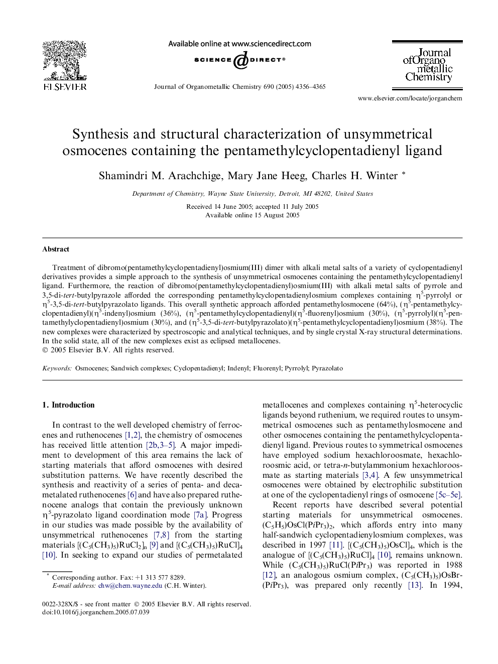 عکس صفحه اول مقاله: Synthesis and structural characterization of unsymmetrical osmocenes containing the pentamethylcyclopentadienyl ligand Synthesis and structural characterization of unsymmetrical osmocenes containing the pentamethylcyclopentadienyl ligand