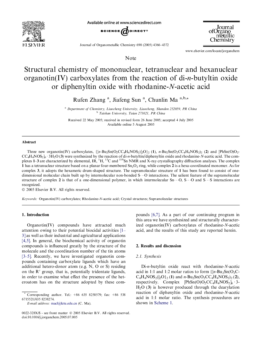 عکس صفحه اول مقاله: Structural chemistry of mononuclear, tetranuclear and hexanuclear organotin(IV) carboxylates from the reaction of di-n-butyltin oxide or diphenyltin oxide with rhodanine-N-acetic acid Structural chemistry of mononuclear, tetranuclear and hexanuclear organotin(IV) carboxylates from the reaction of di-n-butyltin oxide or diphenyltin oxide with rhodanine-N-acetic acid