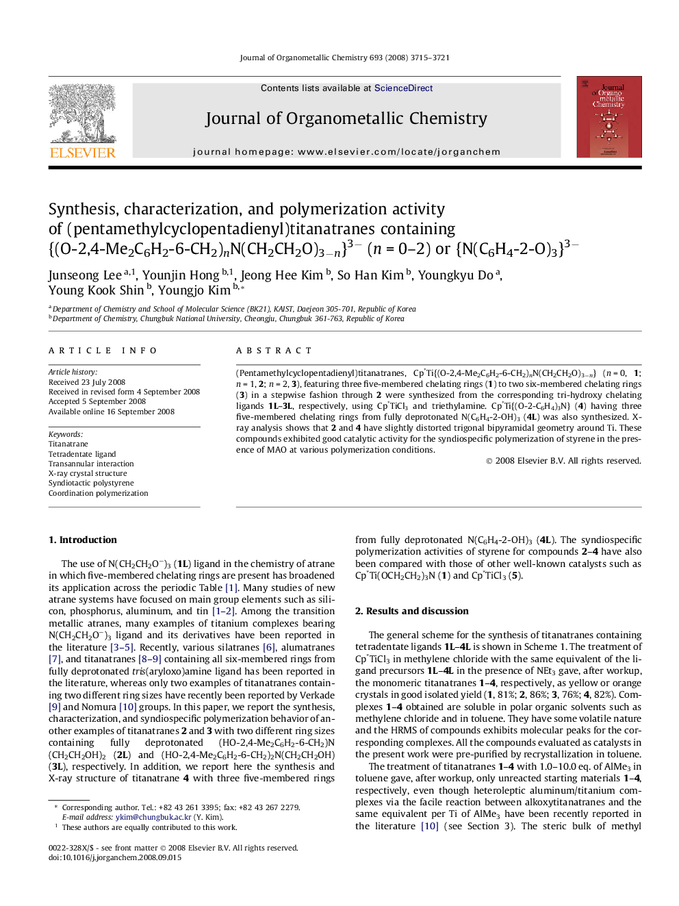 عکس صفحه اول مقاله: Synthesis, characterization, and polymerization activity of (pentamethylcyclopentadienyl)titanatranes containing {(O-2,4-Me2C6H2-6-CH2)nN(CH2CH2O)3−n}3− (n = 0–2) or {N(C6H4-2-O)3}3− Synthesis, characterization, and polymerization activity of (pentamethylcyclopentadienyl)titanatranes containing {(O-2,4-Me2C6H2-6-CH2)nN(CH2CH2O)3−n}3− (n = 0–2) or {N(C6H4-2-O)3}3−