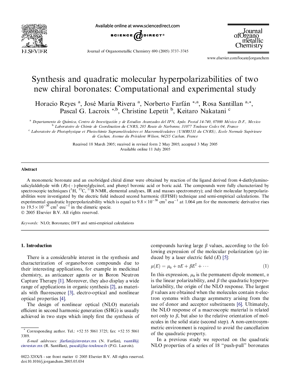 Synthesis and quadratic molecular hyperpolarizabilities of two new chiral boronates: Computational and experimental study