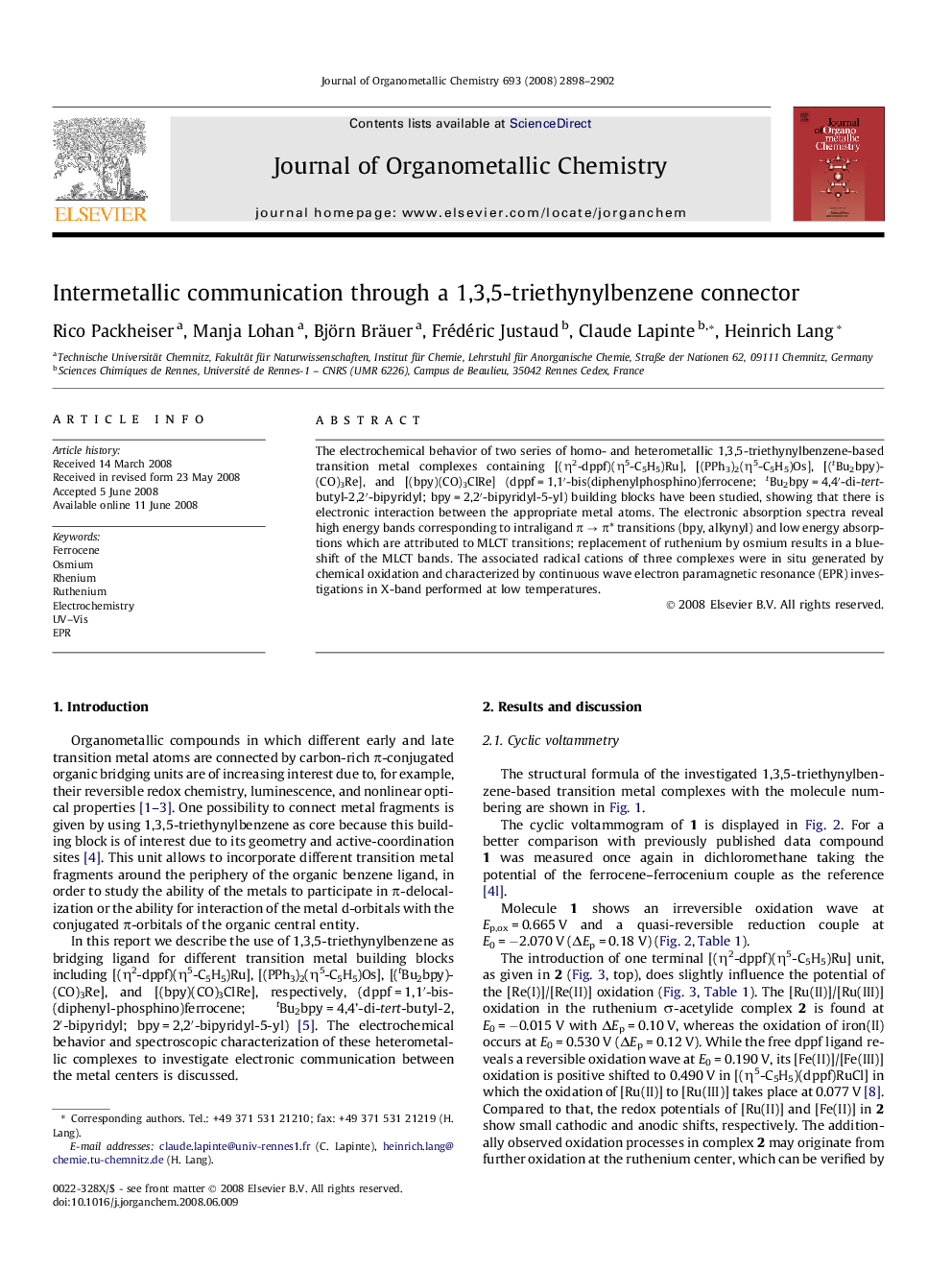 Intermetallic communication through a 1,3,5-triethynylbenzene connector