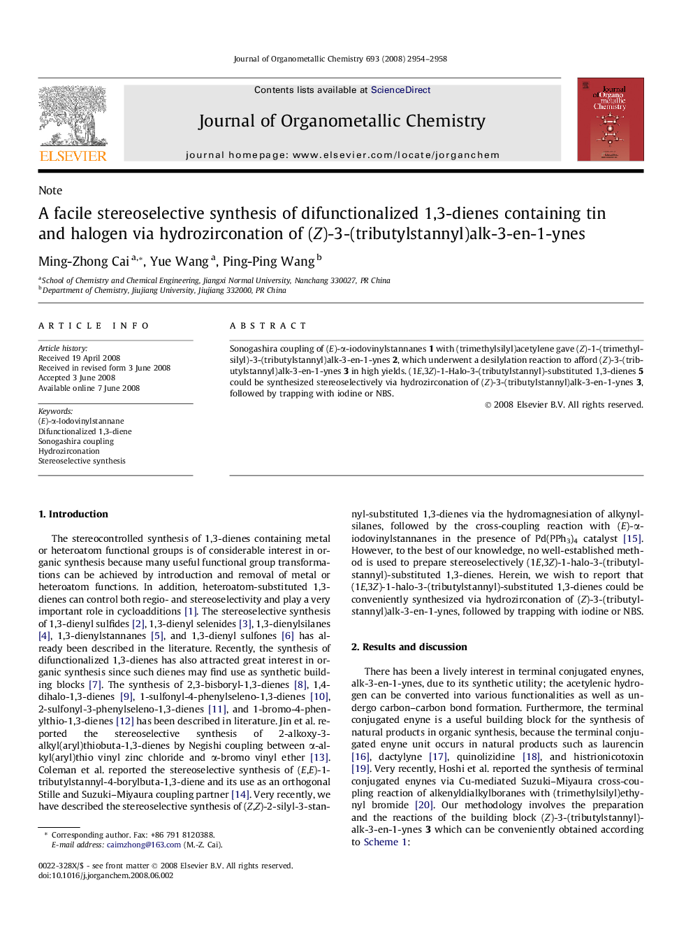 A facile stereoselective synthesis of difunctionalized 1,3-dienes containing tin and halogen via hydrozirconation of (Z)-3-(tributylstannyl)alk-3-en-1-ynes