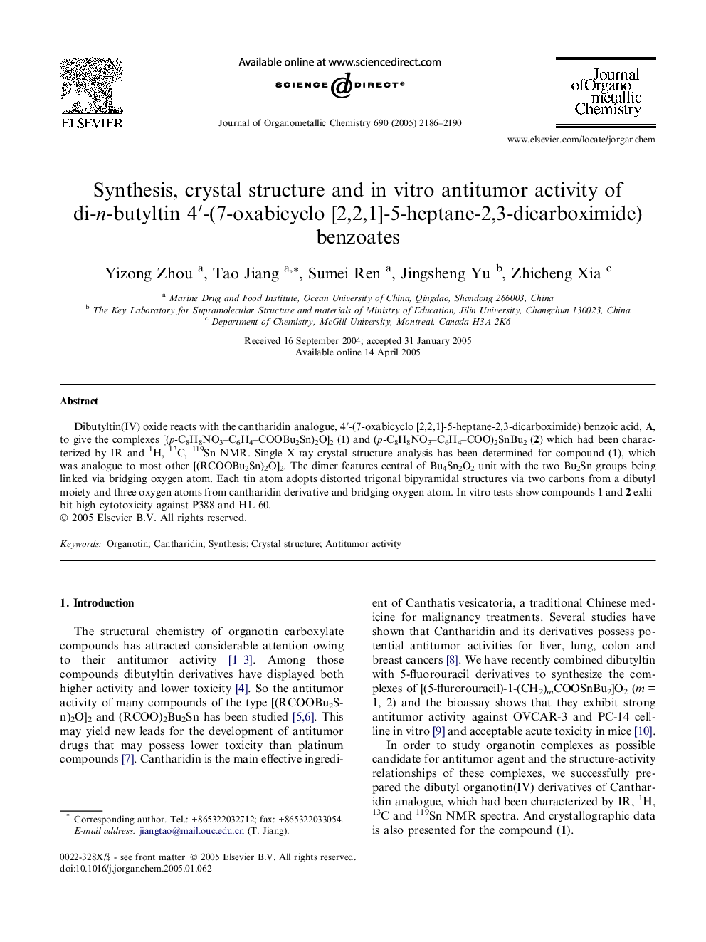 Synthesis, crystal structure and in vitro antitumor activity of di-n-butyltin 4′-(7-oxabicyclo [2,2,1]-5-heptane-2,3-dicarboximide) benzoates