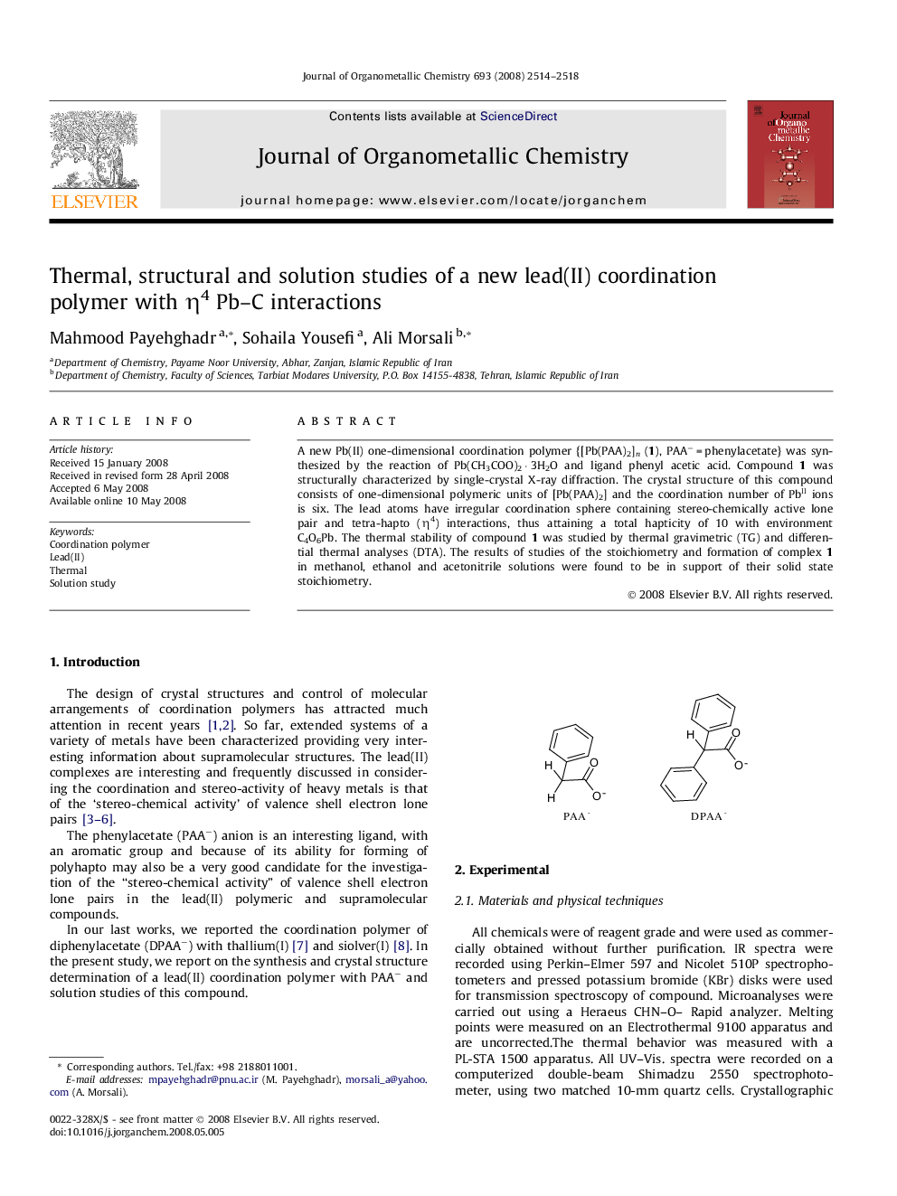 عکس صفحه اول مقاله: Thermal, structural and solution studies of a new lead(II) coordination polymer with η4 Pb-C interactions Thermal, structural and solution studies of a new lead(II) coordination polymer with η4 Pb-C interactions