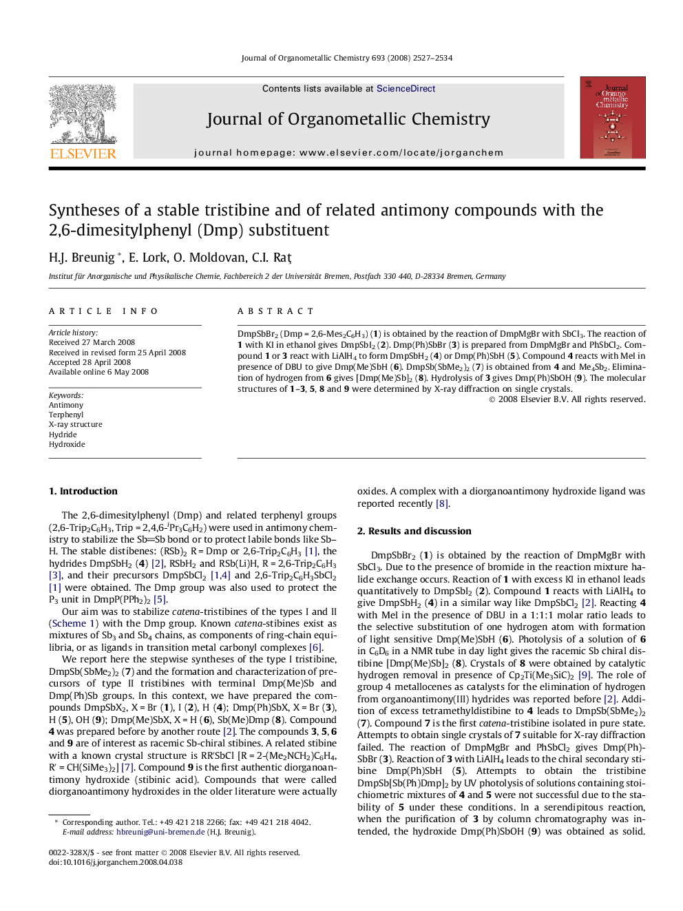 Syntheses of a stable tristibine and of related antimony compounds with the 2,6-dimesitylphenyl (Dmp) substituent